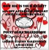 Valentines Day Sale at Point Loma Boardroom 25% off Apparel and Jewelery