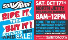 Surf Ride Surfboard Demo and Sale at North Jetty Oceanside on Saturday Oct 17th