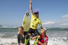Courtney Conlogue (USA) claims her maiden elite ASP Women&acirc;��s World Championship Tour victory and chaired up the beach by ASP Women\'s World No. 1 and 2 - Stephanie Gilmore (AUS) and Sally Fitzgibbons (AUS). PIC: ASP/Robertson.